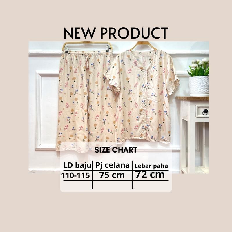 Product Introduction of [DasterHitsMalang] One Set Aira Celana Kulot Panjang 7/8 /One Set Kancing Depan/One Set Lengan Rempel/Setelan Wanita Baju Karet Katun Kerah Rayon Motif Atasan Busui Pendek Kotak 0