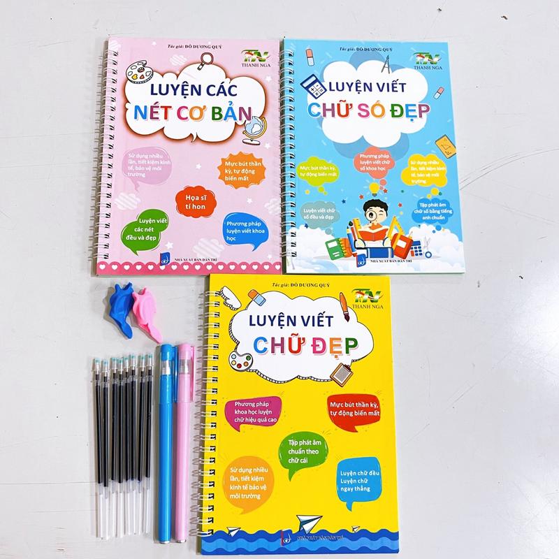 Bộ 3 cuốn luyện viết chữ số đẹp tự bay mực cho bé, kèm 2 vỏ bút và 8 ngòi