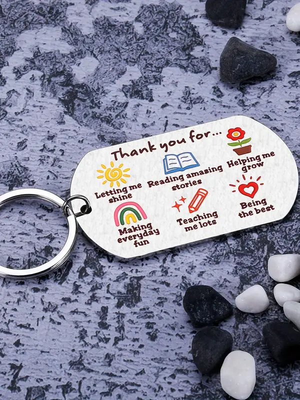 Letter & Cartoon Pattern Keychain, Stainless Steel Keychain for Women & Men, Summer 2024 Trendy All-match & Exquisite Keychain for Teacher Appreciation Gift, Back to School Supplies 3