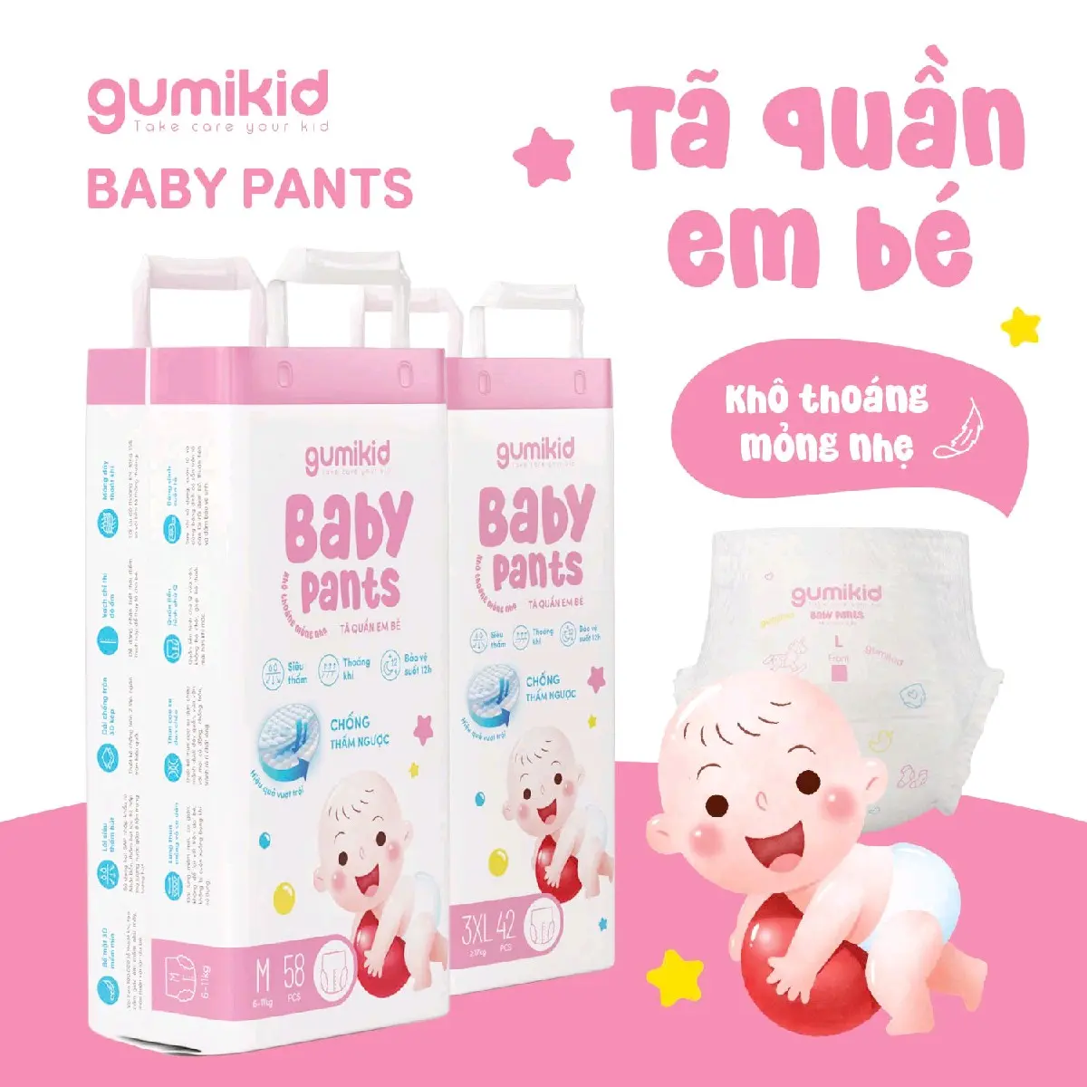 Tả quần em bé Gumikid chống tràn 3D kép,siêu thấm hút, siêu mỏng nhẹ,siêu co giãn ,mềm mịn thông thoáng cho bé bỉm  quần