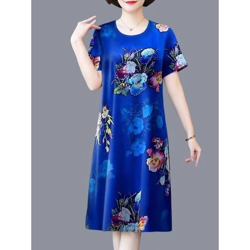 Váy Mùa Hè, Ngoại Cỡ, Cho Mẹ Trung Niên, Quá Gối, Vợ Và Mẹ TRUNG NIÊN Và CAO TUỔI, Váy ngắn Tay, Dáng Rộng Vừa Vặn, Thời Trang, Quần Áo Mùa Hè Nữ Women Dress Voan Đỏ 1