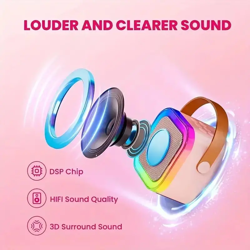 Portable Mini Karaoke Speaker with 2 Microphone, Rechargeable Wireless Outdoor Speaker with RGB Light, Home Singing Karaoke Wireless Outdoor Speaker, Remote Wireless Microphones, Colorful, Multifunction, Neon, Karaoke Machine, Adjustable 2
