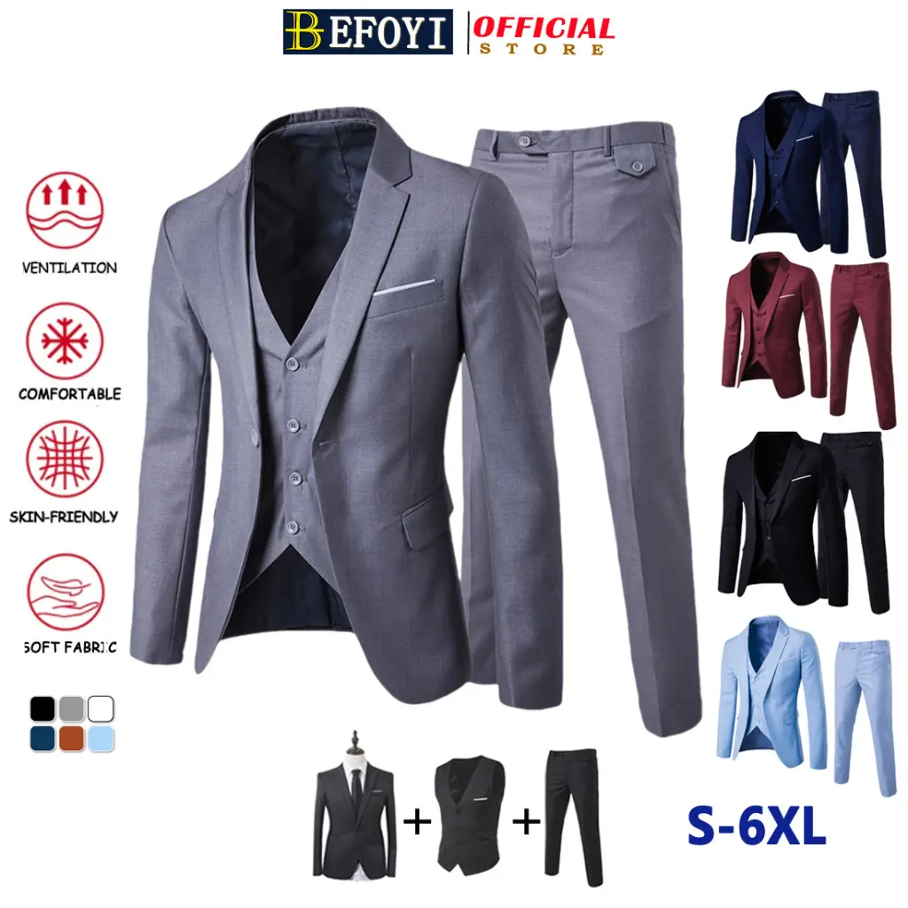 [Local Delivery] Men Blazer Suit Set Formal 3-piece Set Business Tuxedo Grooms Wedding Coat Korean Slim Fit Gray Black Plus Size PH3P