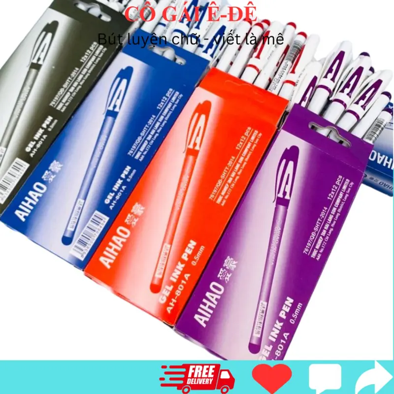 Hộp 12 bút gel chữ A Aihao mực Xanh/Tím ngòi 0.5mm phù hợp cho học sinh tiểu học, bút gel văn phòng, bút học sinh 0