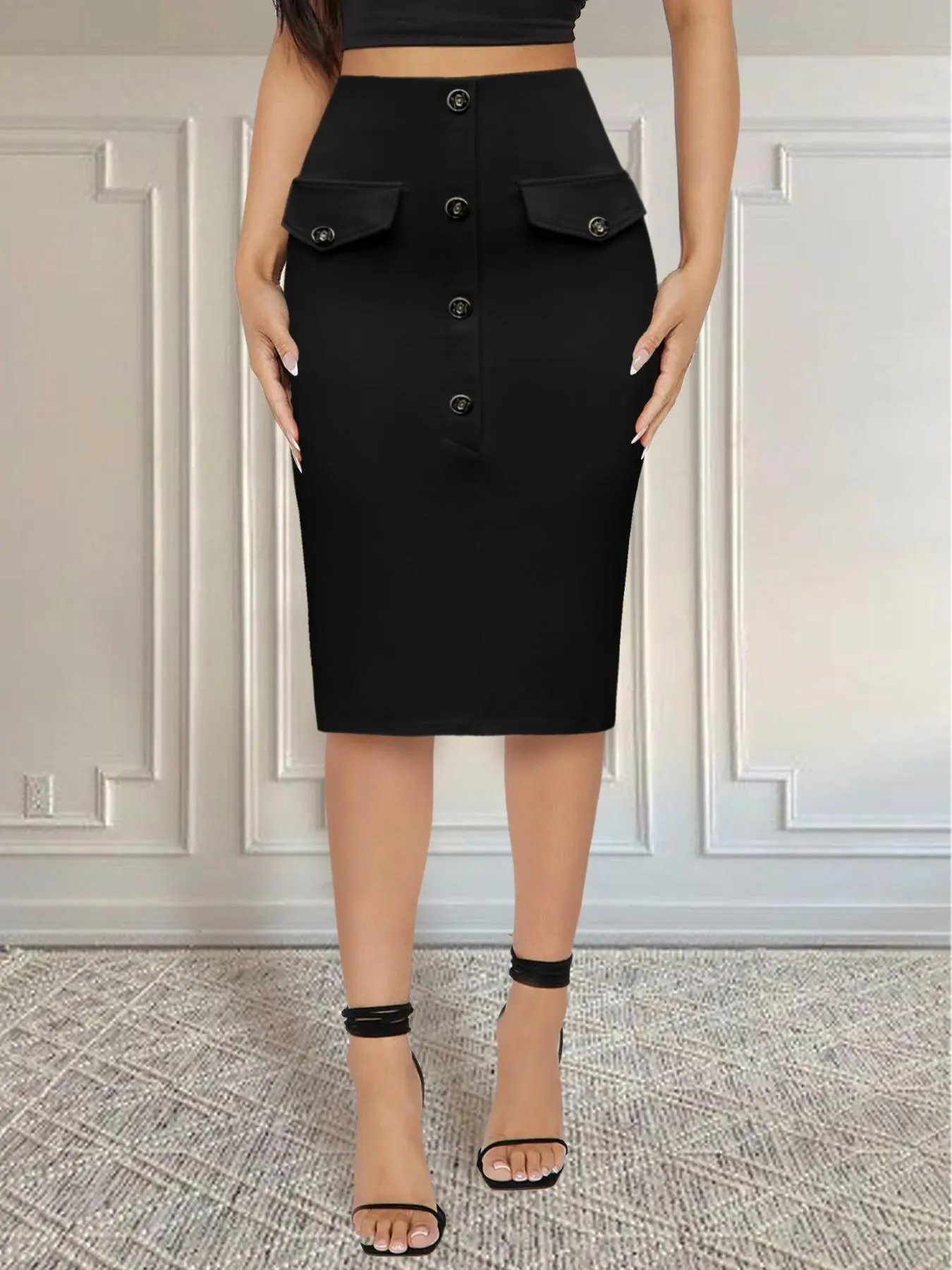 Women's Solid Buttons High Waist Bodycon Skirt, Elegant Fashion Knee Length Pencil Skirt for Work Office Business, Ladies Clothes for All Seasons