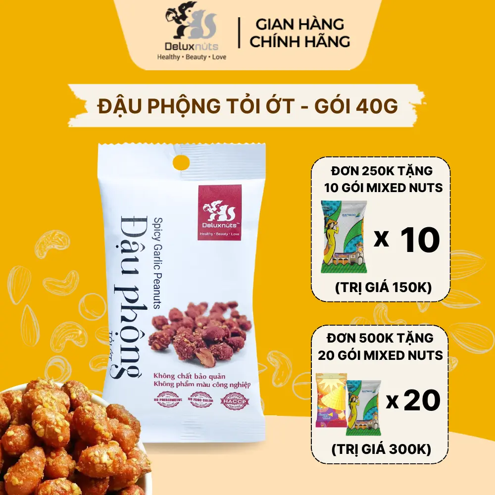 Gói Đậu Phộng Tỏi Ớt 40g Deluxnuts | Hạt Dinh Dưỡng, Snack Ăn Vặt (Gói 40g)