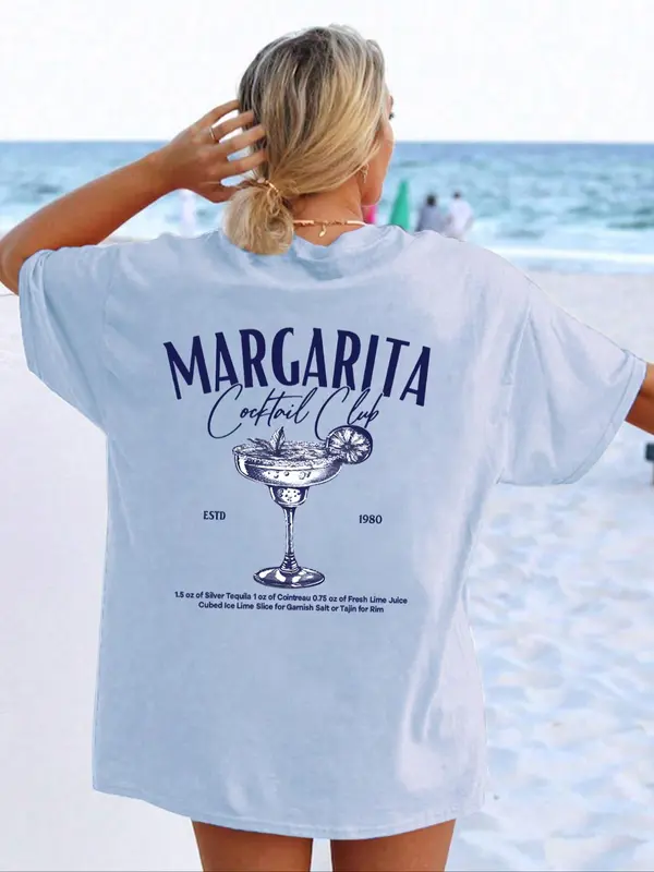 Women's Letter Beverage Graphic Round Neck Graphic Tees, Plus Size Clothes Uk, Fashion Casual Drop Shoulder Short Sleeve T-shirt for Summer Beach Party, Vintage Graphic Tees, Tops for Women, T Shirts for Women, Tops That Hide Stomach, Womenswear 2