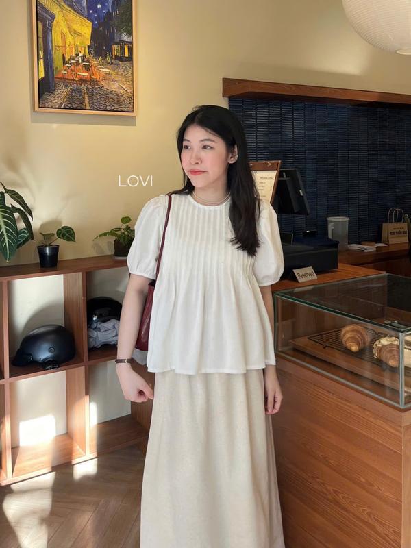 ORA TOP - Áo Babydoll xếp ly tay phồng chất linen xô Hàn siêu đáng iu Basic cho các nàng LOVI Nữ Women
