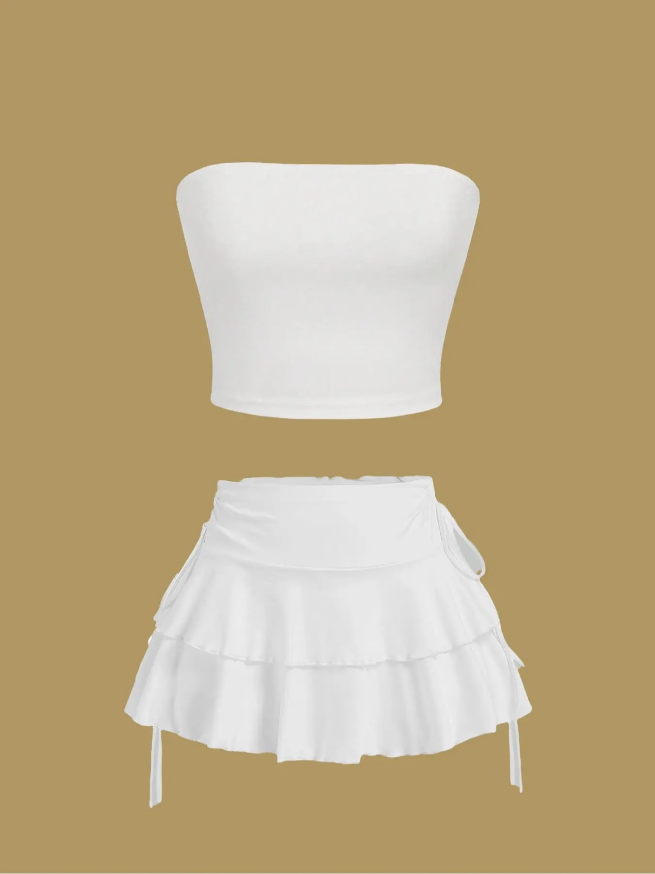 Women's Solid Crop Tube Top & Drawstring Side Tiered Layer Skirt Two-piece Set, Casual Fashion Cozy Two Piece Outfits for Daily Outdoor Wear, Ladies Clothes for All Seasons