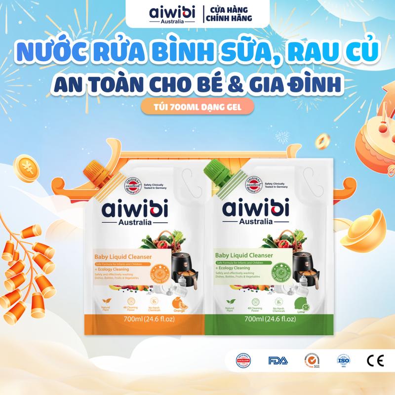 Nước Rửa Bình Sữa Rau Củ Quả Sạch Chén Bát Aiwibi An Toàn Cho Gia Đình Túi 700ml Dạng Gel