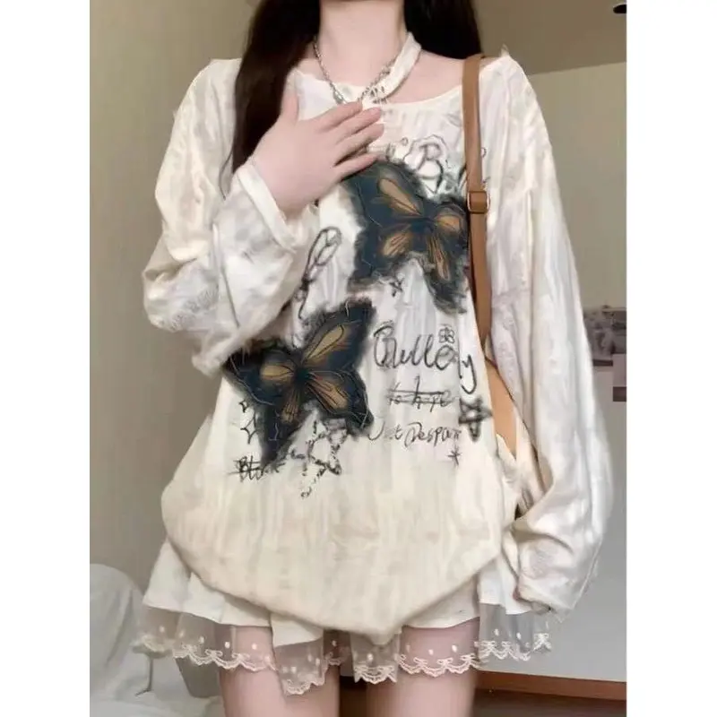 Áo Thun Tay Dài Rách Hình Bướm, Phong Cách Cổ Điển Mỹ, Dành Cho Nữ, Mùa Hè, Hàng Mới Về, Ngoại Cỡ, Cô Gái Đầy Đặn, Cao Cấp, Chống Nắng, Thời Trang Hàng Đầu, 2024 Women Top 0