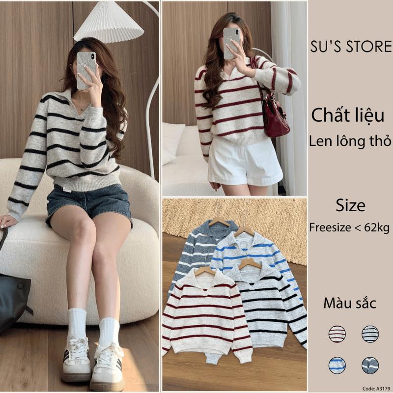 ( Hàng QC) Áo Len Dài Tay Cổ V Lông Thỏ Kẻ Ngang A3179 Susstore Thời Trang Nữ