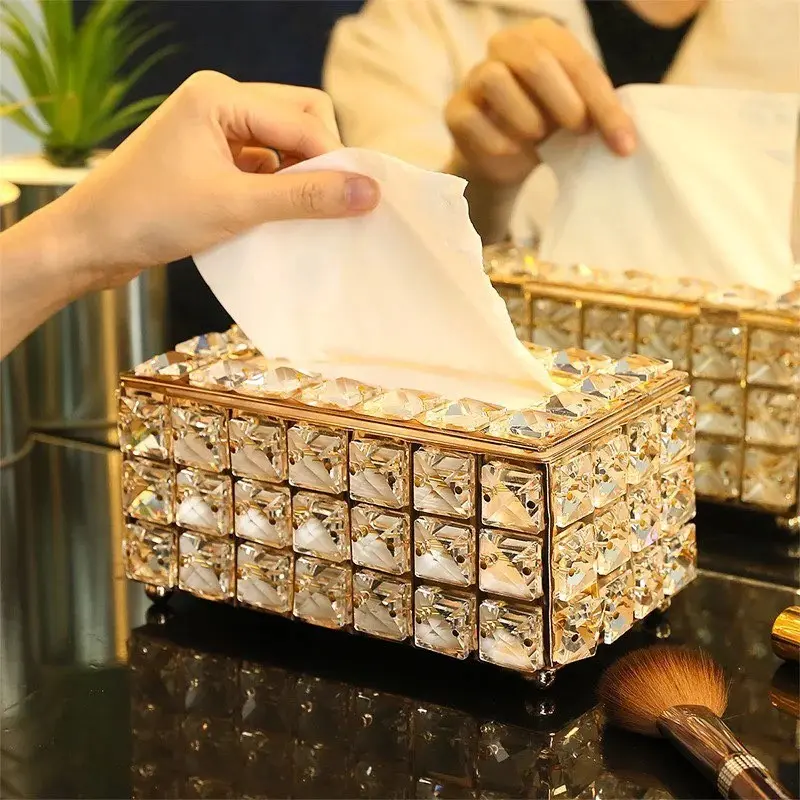 Modern Gold Crystal Tissue Box Holder Kotak Tisu Emas Kristal Barang Hiasan Ruang Tamu Bilik Paper Tissue Box Diamond
