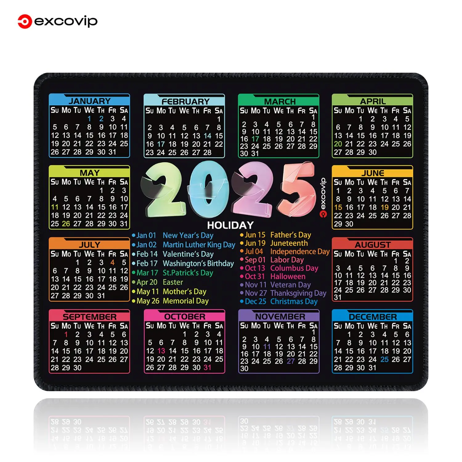 EXCOVIP 2025 Calendar Pattern Mouse Pad, Rectangle Gaming Mouse Pad, Non-Slip Mousepad, Office Desk Keyboard Mouse Mat for Home Office Game Room Desk