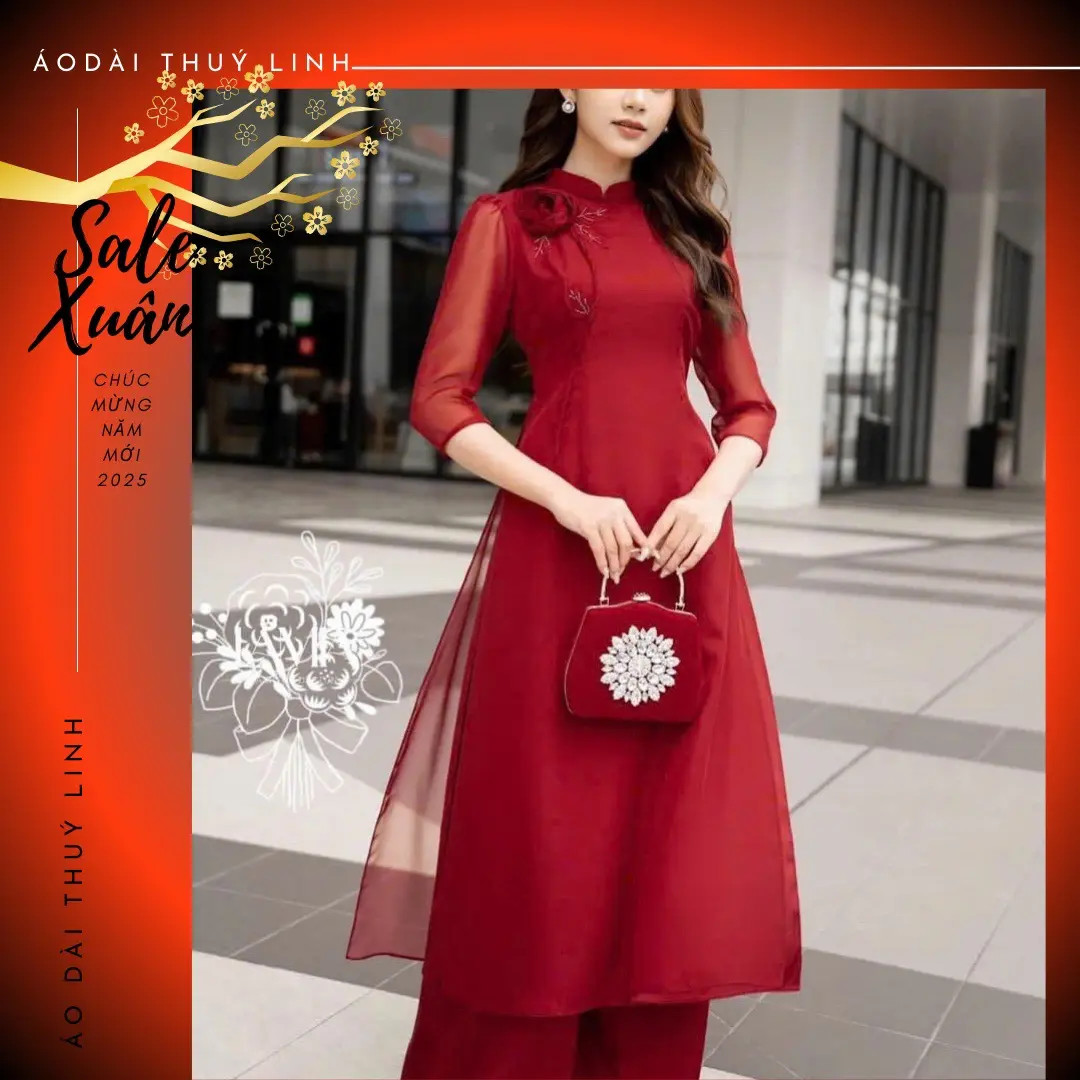 Mẫu áo dài cách tân voan tơ trẻ trung tay lỡ, hoa đính ngực 2 lớp 4 tà.