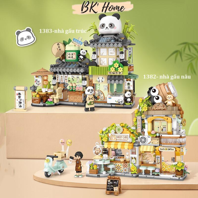 (Hàng mới về tặng đèn) Bộ đồ chơi lắp ráp mô hình nhà Gấu Trúc Panda, trà sữa Gấu nâu khối gạch mini Bộ Lắp Ráp Tháo Lắp