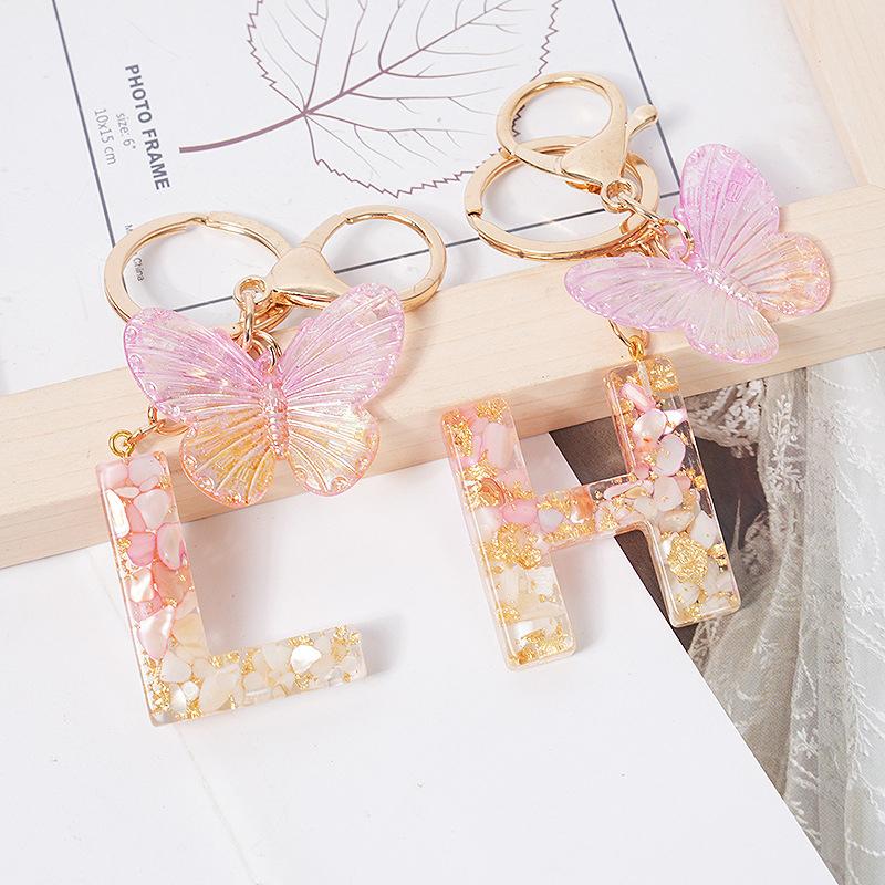Product Introduction of [QQQ]Pink Dream Butterfly 26 Letters A To Z Resin Keychain 26 Initials White Stone  Leaf Pendant Keyring Backpack Charm Bag Decor 18