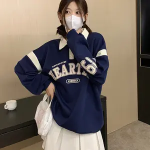 Kemeja Polo Lengan Panjang Jahitan Chic Korean Sweatshirt Kasual Longgar Atasan Wanita Sweater Cetak Huruf