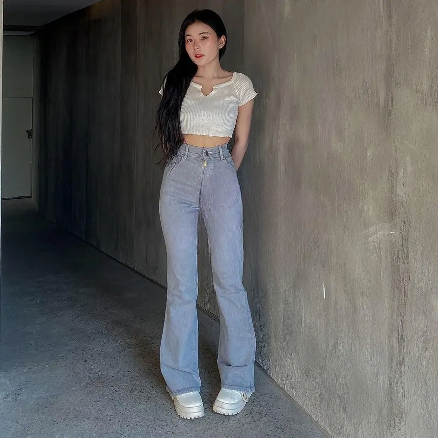 Sweet-Hightwaist Jeans Stretch Cutbray Wanita Grey Ready Size 27-34 Tebal Melar