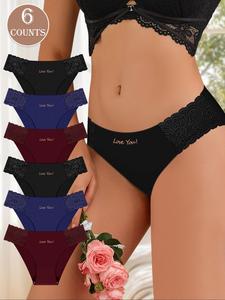 Women's Letter Print Lace Brief, Soft Comfy Breathable Panty for Daily Wear, Elegant Underwear for All Seasons