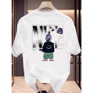 トレンドのイラストNIテキストプリントの純綿半袖Tシャツ、男性用、後ろ姿キャラクターデザイン、通勤スタイル、カップル向け万能トップス、夏服