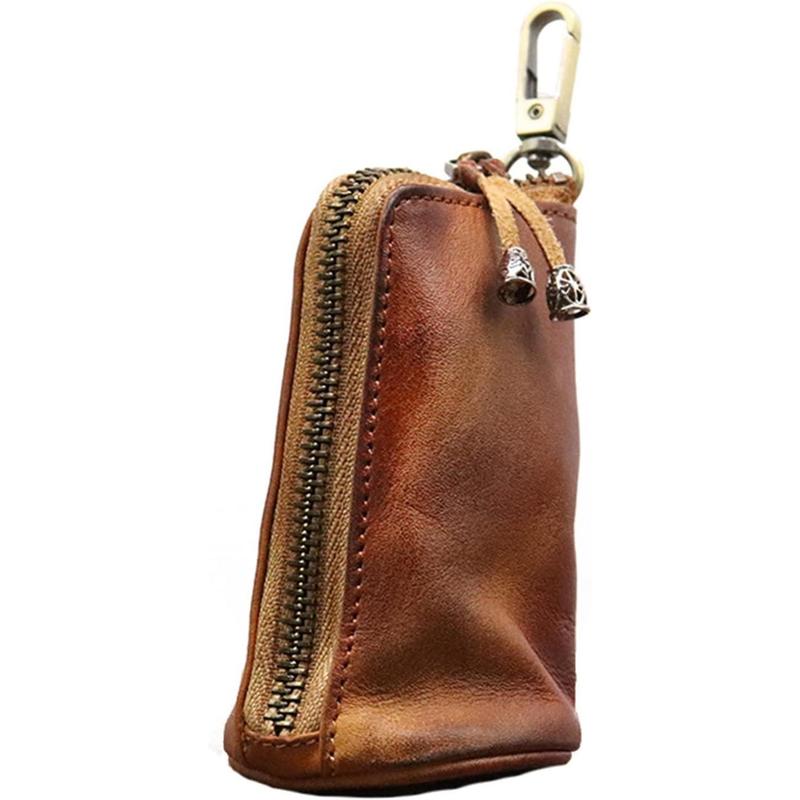 TikTok Shop Leather Zipper Coin Pouch Genuine Cowhide Coin Organizer Change Holder Keychain Coin Purse for Men Women