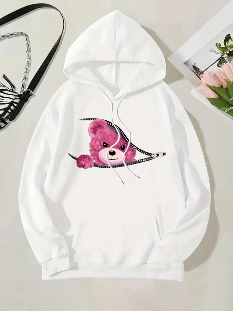 Product Introduction of Women's Bear Print Thermal Lined  Hoodie, Fashion Casual Drawstring Pocket Hooded Sweatshirt for Daily Holiday Outdoor Wear, Women Clothing for Fall & Winter 5