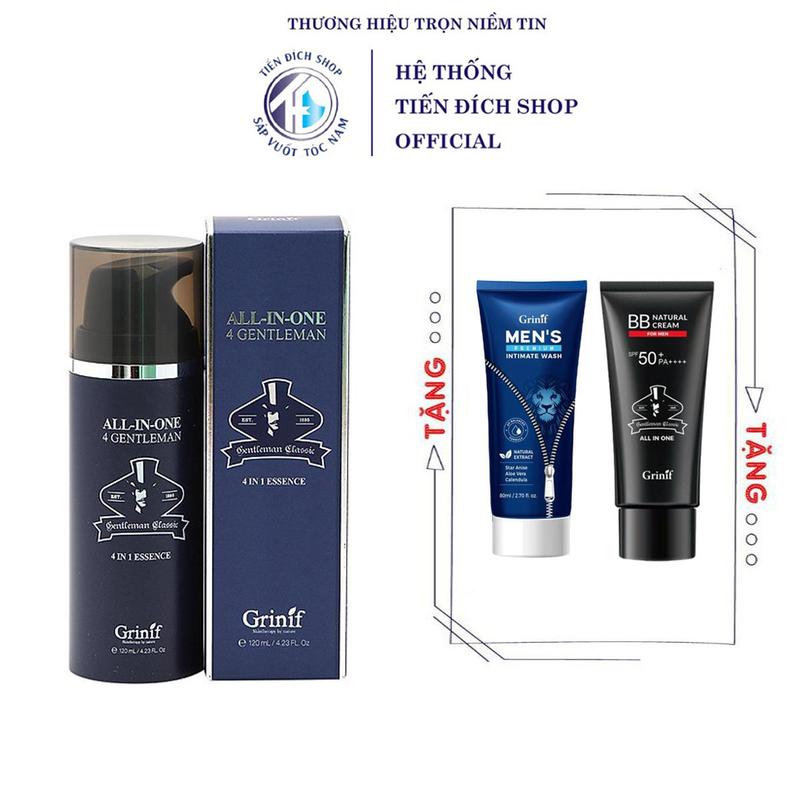 [1 TẶNG 1 - TPHCM] Kem dưỡng trắng da, dưỡng ẩm 4N1 cho nam giới GRINIF All In One 4 Gentleman 120ml và 50ml cao cấp Hàn Quốc + Tặng kem nền che khuyết điểm nam Grinif BB Cream 50ml HOẶC Dung dịch vệ sinh nam Grinif Men's Premium Intimate Wash 80ml Serum