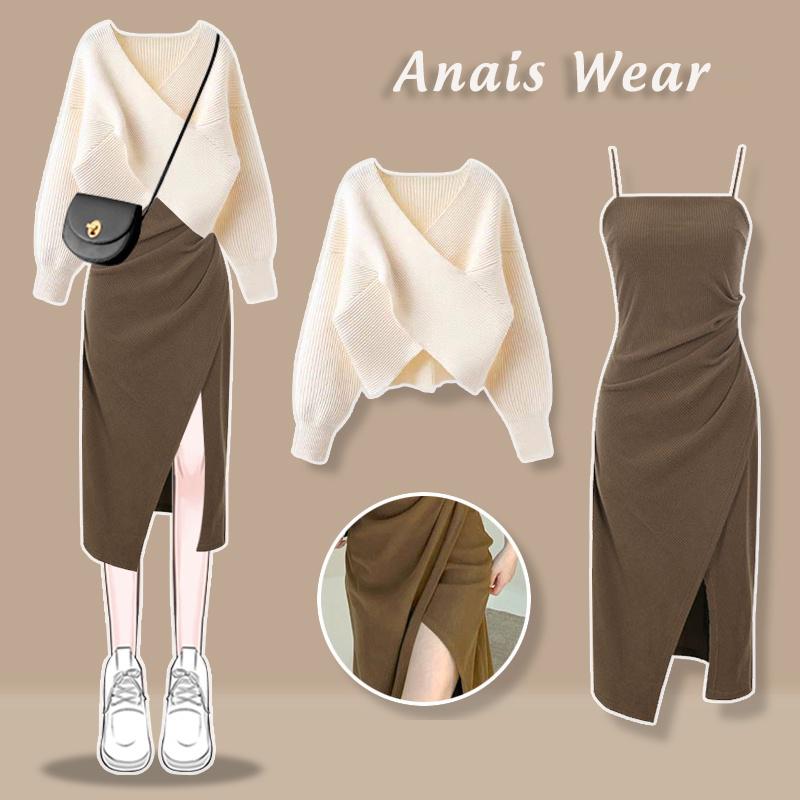Áo len trễ vai vạt chéo siêu xinh kết hợp với váy 2 dây len tăm xẻ tà áo len cổ chữ V anais wear
