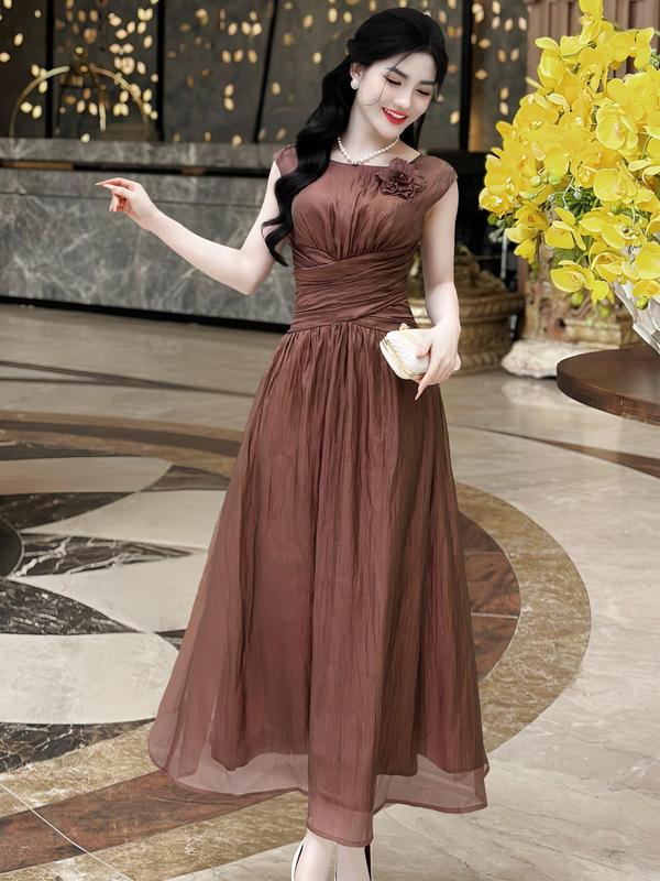   MIỄN SHIP  MDU4348 Váy Tơ Diamond Tencel - Tinh Tế Hòa Quyện Trên Nền Vải Nâu Dành Cho Nữ Women Dress Kem 