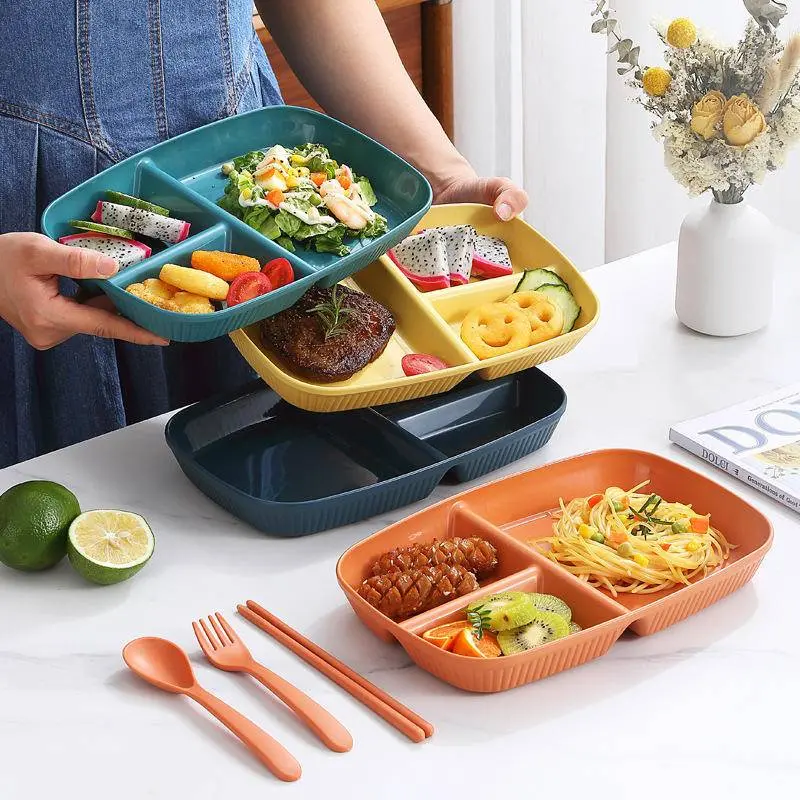 Food dispatch disk Dinner Plate Plastic Pinggan Diet Plates 3 Grids Plate Western Compartment Plate For Food Fruit Salad Divided Plate Kitchen Dinnerware Kids Plate