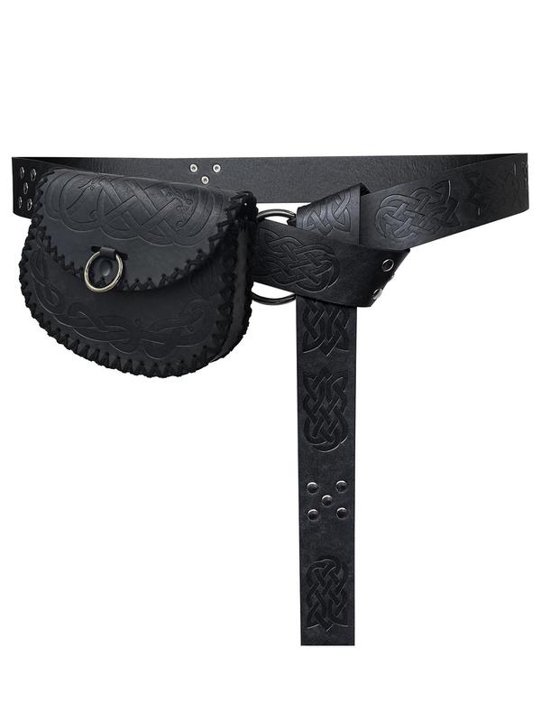 Medieval Style Ethnic Pattern Embossed Belt & Belt Bag Set, Vintage O-ring Decorated Belt & Waist Bag, Fashion Accessories for Cosplay Party, Daily 5
