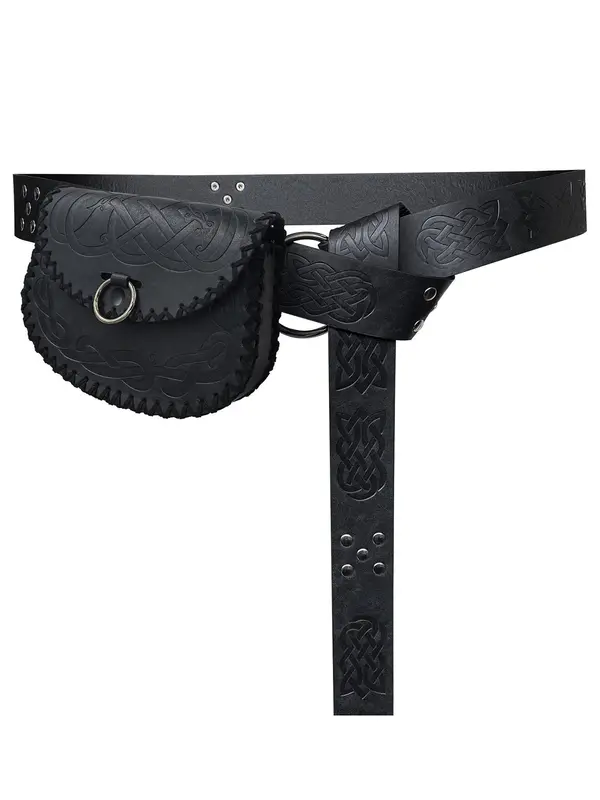 Medieval Style Ethnic Pattern Embossed Belt & Belt Bag Set, Vintage O-ring Decorated Belt & Waist Bag, Fashion Accessories for Cosplay Party, Daily 5