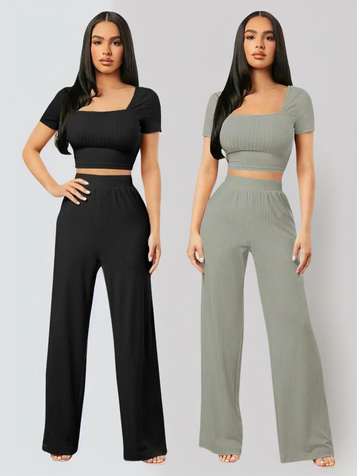 Two-Piece Set Women's Solid Ribbed Crop Tee & High Waist Wide Leg Pants Set, Co ord Set Summer, Casual Short Sleeve Square Neck T-Shirt & Ruched Trousers, Summer Clothes for Daily Wear Outdoor