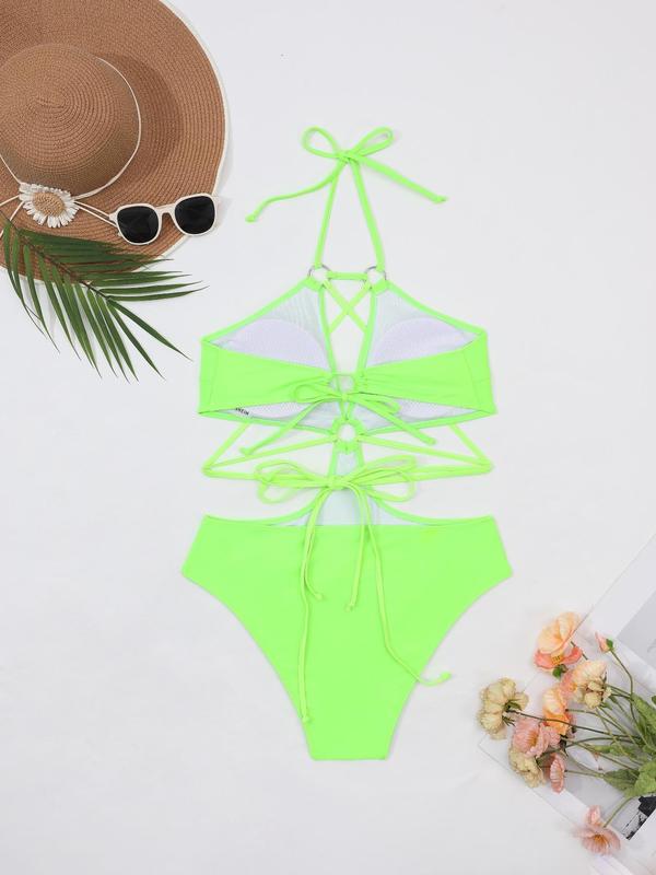 Plus Size Plain Halter Neck One-piece Swimsuit, Casual Cut Out O-ring Detail One-piece Swimwear for Summer, Ladies Summer Swimsuit 1