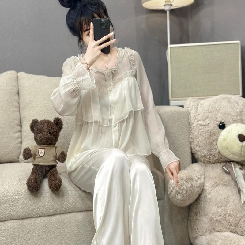 Bộ Đồ Ngủ Quần Dài Áo Tay Dài Voan Chất Lụa Latin Kiểu Dáng Siêu Xinh Freesize 40-60kg Nữ Ren Thường setdomac nhaxinh pizamanu