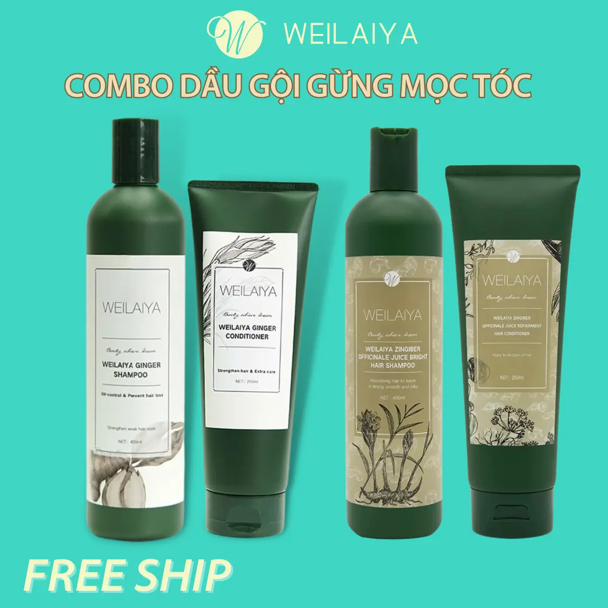 Bộ dầu gội xả chiết xuất gừng Weilaiya giảm rụng Dưỡng Tóc, Gội 400ml, xả 250ml