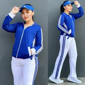 Setelan Baju Senam Lapangan Training Biru Putih Zumba Aerobik Hijab Cycling Fitness Olahraga Panjang Sport