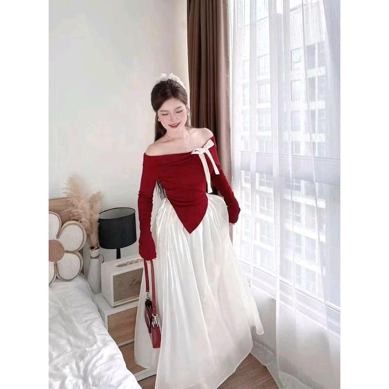 Set áo trễ vai đính nơ tay dài kèm chân váy tơ lụa dáng dài Nữ Voi Kem Women Thun 2