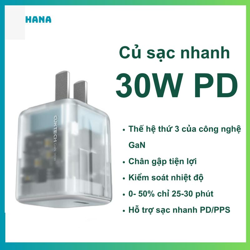 Củ Sạc Cuktech 30w Trong Suốt Siêu Nhỏ PD/PPS/QC3.0 - Thích hợp cho 8-15 promax - Mã (AC30S) - Phụ Kiện Sạc Điện Thoại