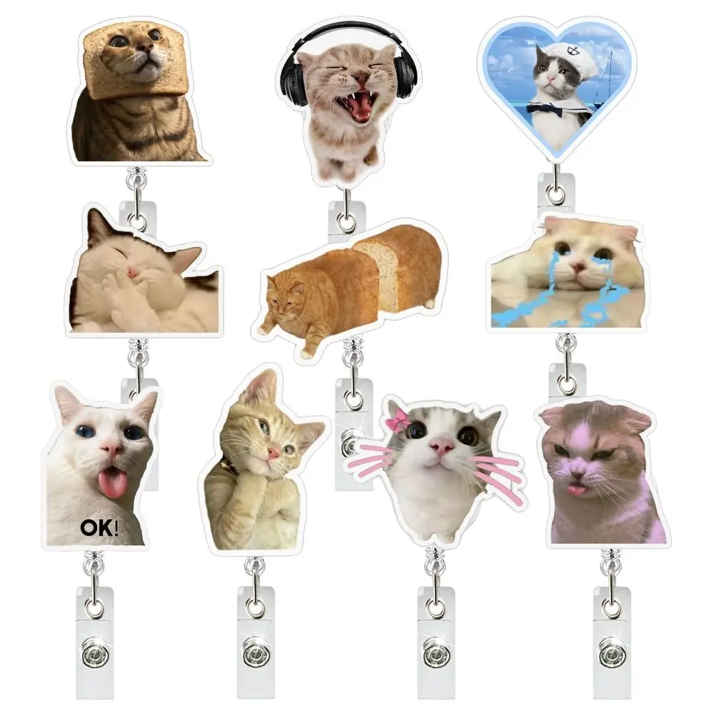 Funny Cat Memes Series Cat Keychain Retractable Acrylic Name Tag Holder Lanyard ID Badge Clip Office