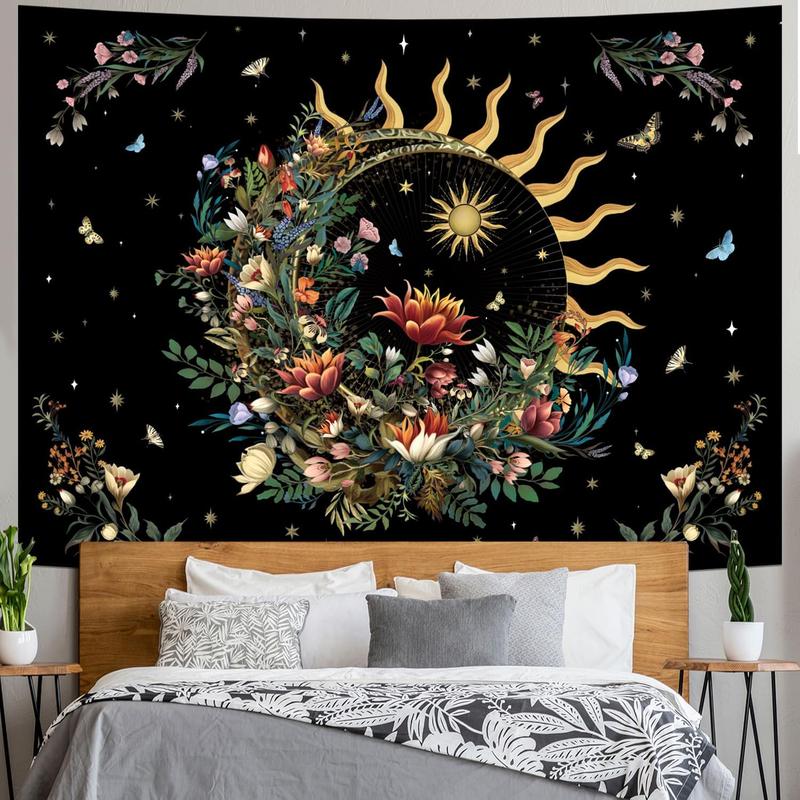 TikTok Shop Floral Tapestry Sun and Moon Tapestry Retro Botanical Butterfly Tapestry Black Starry Sky Wall Tapestry Vintage Boho Aesthetic Tapestry Wall Hanging for Bedroom