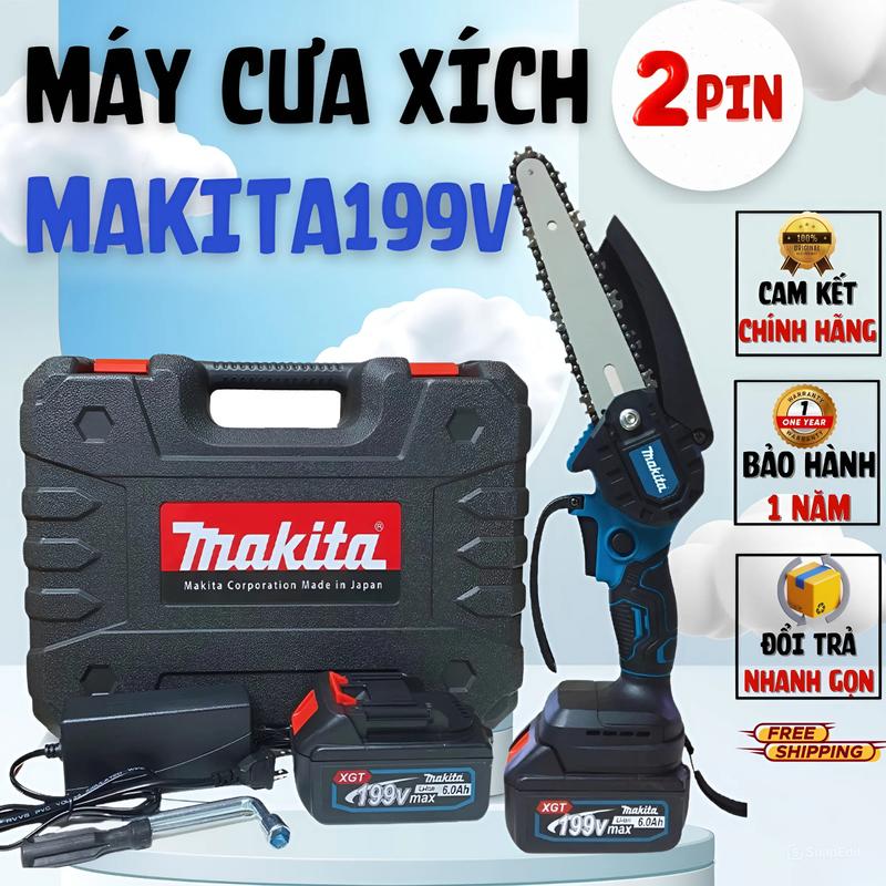 [ MẪU MỚI ] Máy Cưa Xích Cầm Tay Mini 2 Pin MaKiTa 199V Tra Dầu Tự Động - Máy Cưa Mini Cưa Tất Cả Loại Gỗ, Cưa Cành Cây, Làm Vườn Tiện Lợi Lõi Đồng Bền Bỉ Siêu Mạnh, Phù Hợp Cho Mọi Gia Đình, Bảo Hành 12 Tháng