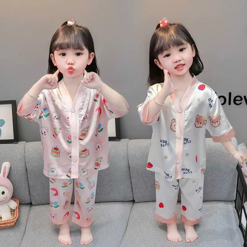 Bộ Pijama gồm quần áo gấu trắng + cừu nhạt hồng Lụa Mịn Thoáng Mát Cho Bé Gái