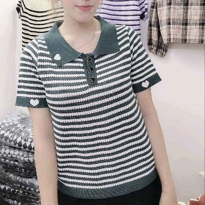 Áo len mongtoghi dệt kim nữ sọc tay ngắn  có cổ