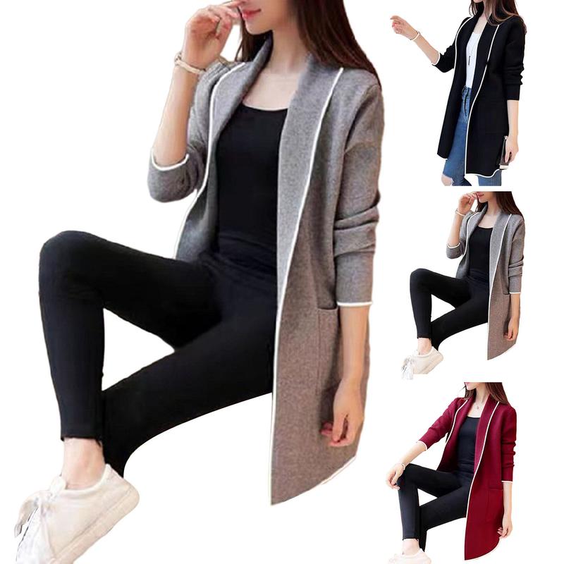 Áo Khoác Thu Đông Cho Nữ, Áo Cardigan Khâu Hở, Dài Tay, Dài Trung Bình Màu Trơn Dáng Rộng Vừa Vặn, Có Túi, Ve Áo, Áo Khoác Ấm Cho Nữ 8