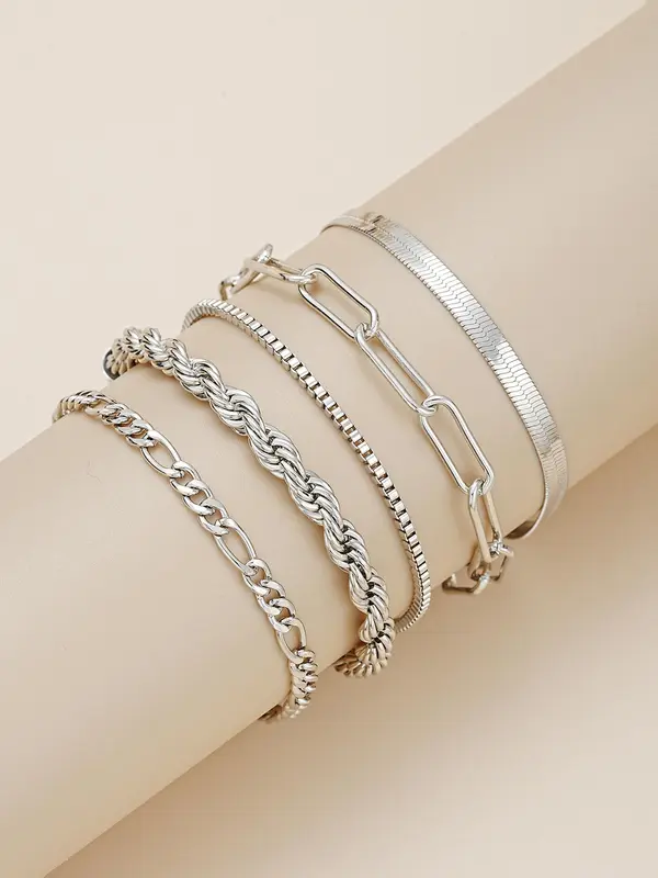 5pcs/set Street Fashion Chain Stack Bracelet for Party, Twist Design Hand Jewelry for Girl Boys, Elegant All-match Fashion Accessories for Daily Wear Valentine's Day Gift 3