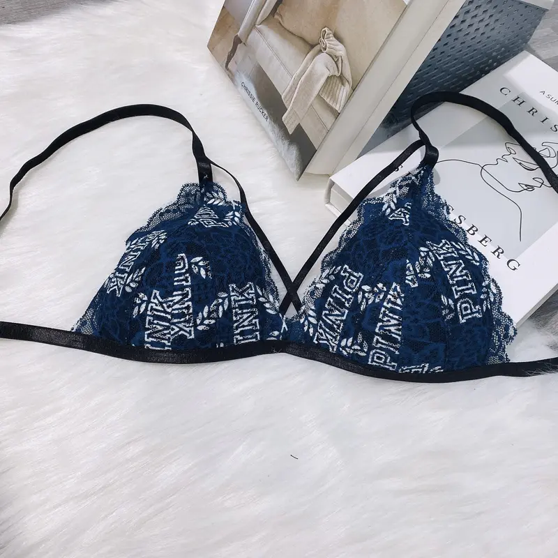 Bộ đồ lót nữ màu xanh phối họa tiết thiết kế quần chữ Y với chất liệu ren co giãn Áo Top Quần Lót Bra Áo Top Viền Ren Nhung Voi Nhung Voi 1