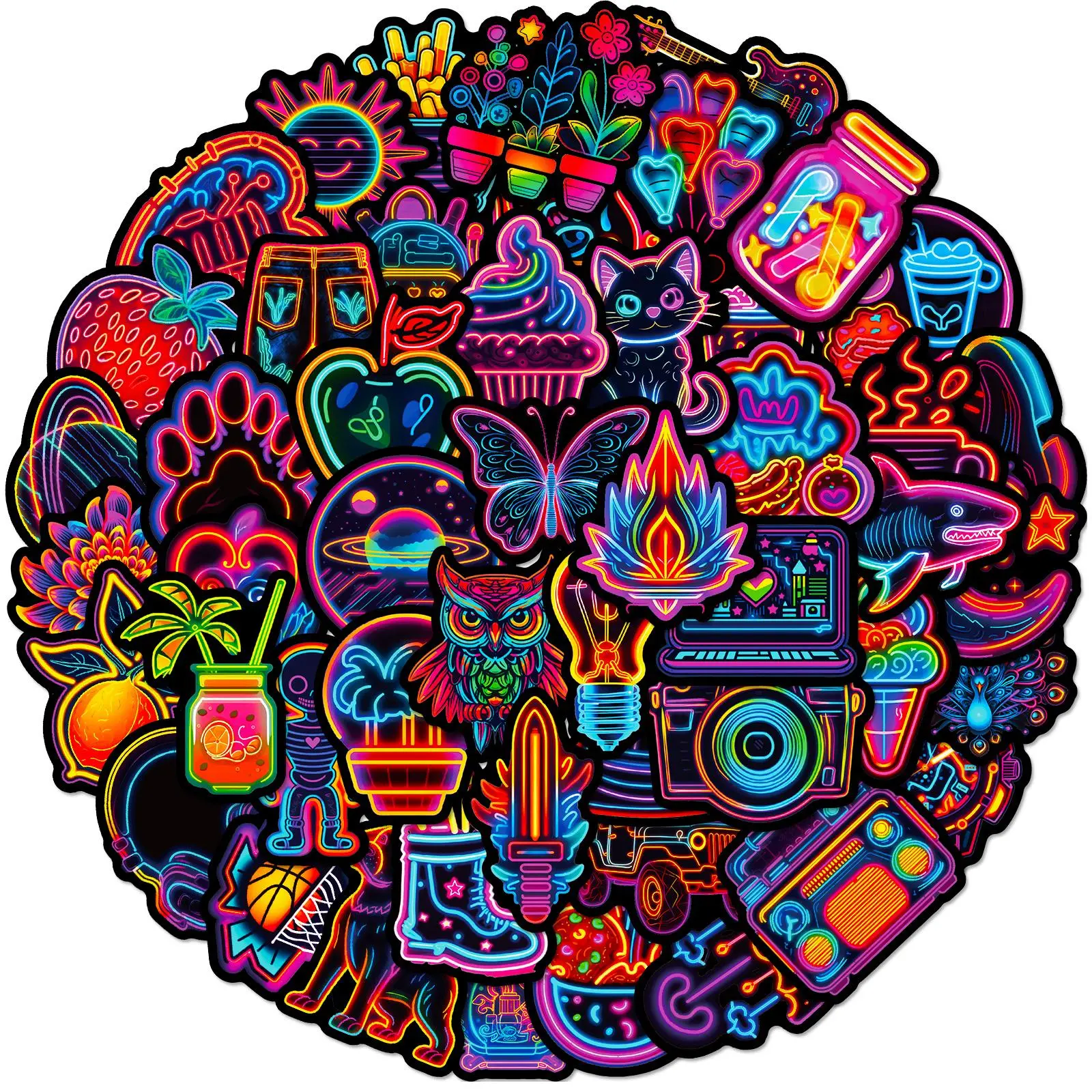 50pcs/Set Cartoon Neon Sticker, Creative Multi-purpose Sticker For DIY Craft, Decoration, Hand Account, Christmas Gift