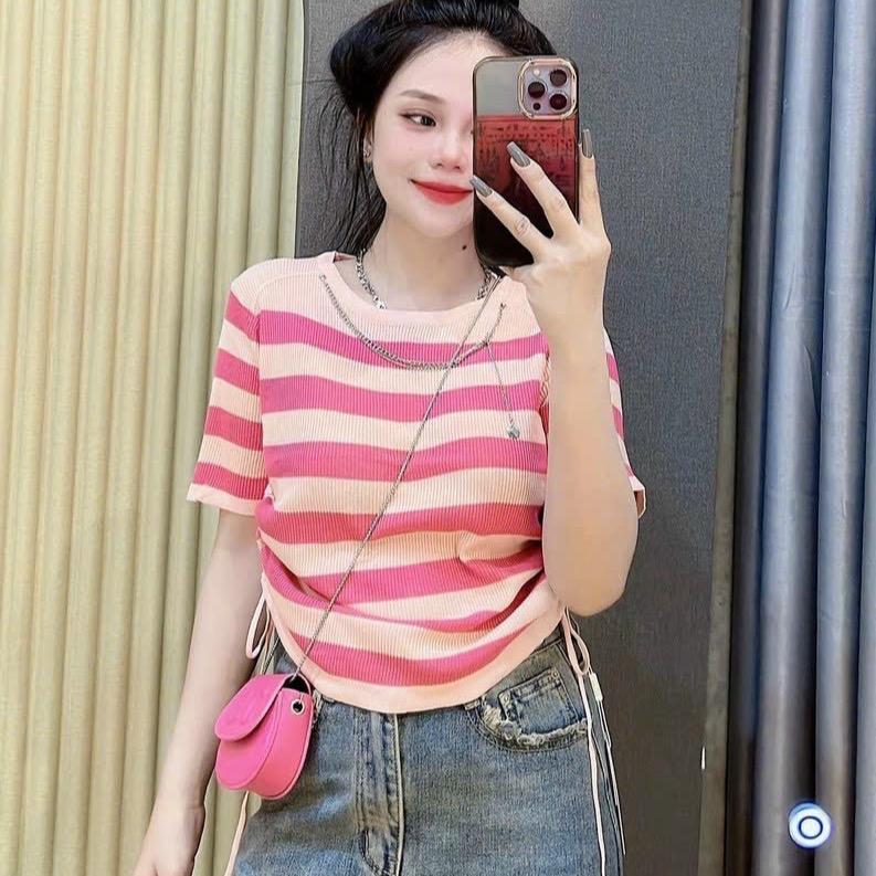 Áo cổ tròn sọc có rút eo 2 bên hông Ôm gọn Kẻ sọc (LUNA STORE) Top Nữ 5